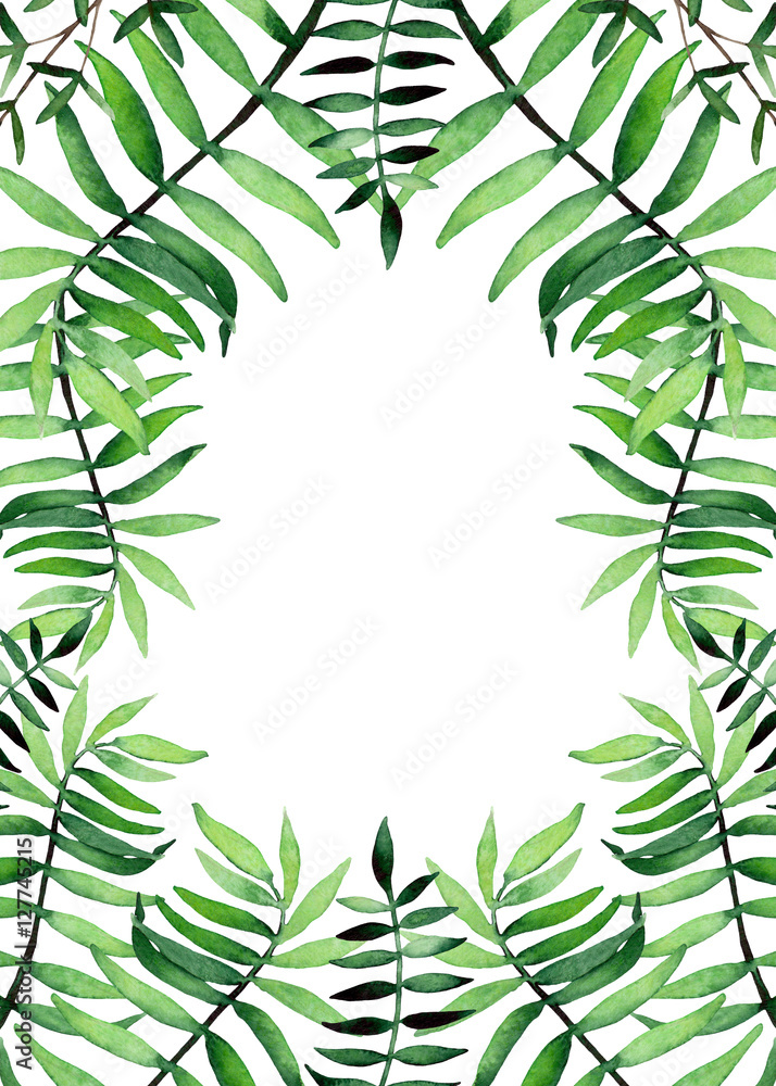Herbal Frame with Watercolor Bright Green Ferns