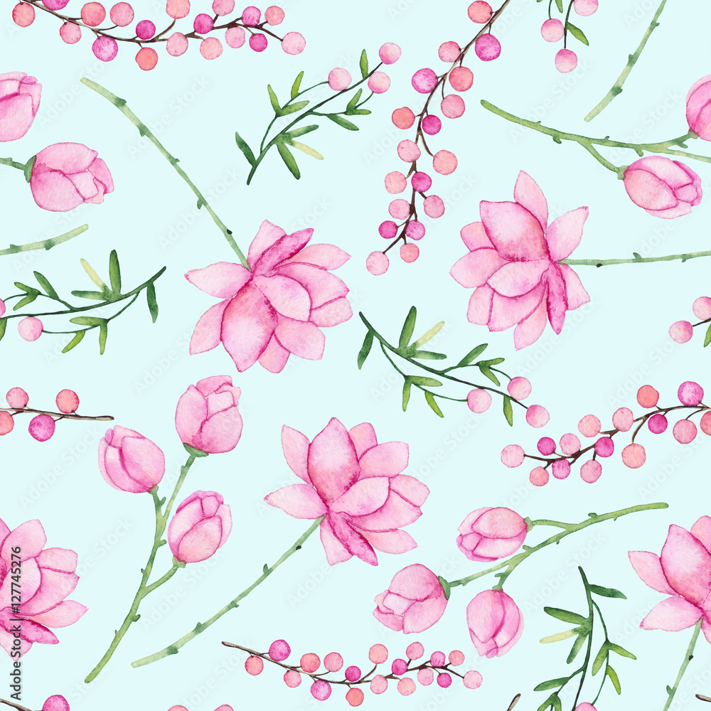Watercolor Seamless Pattern with Delicate Pink Flowers and Berries on Blue Background