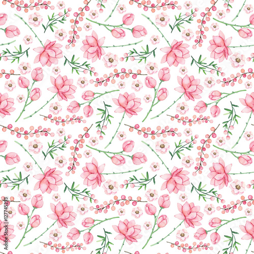 Gentle Seamless Pattern with Watercolor Pink Flowers and Berries