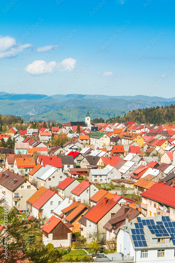     Panoramic view of Croatian town Delnice, Gorski Kotar in spring 