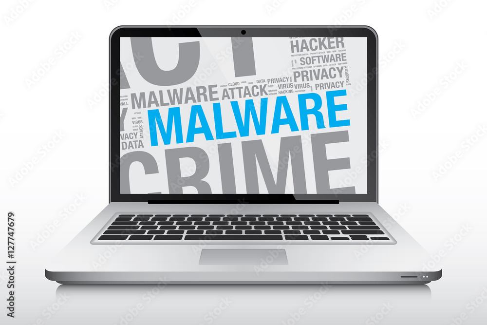 Malware word cloud on laptop screen vector concept Malware word cloud on laptop screen vector concept