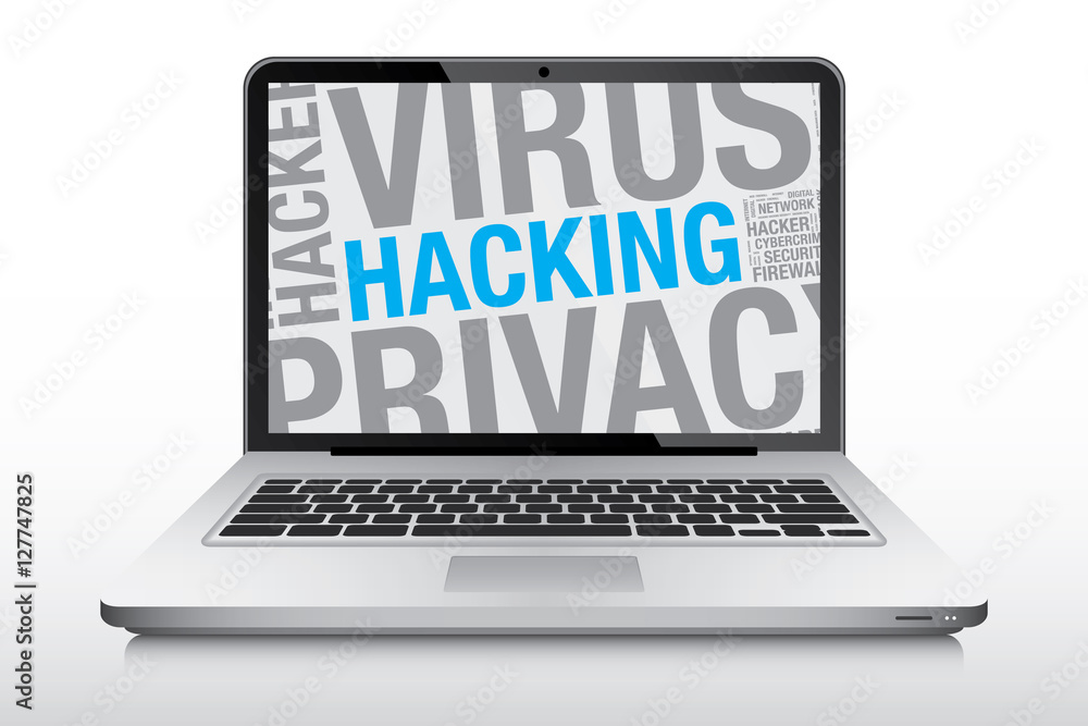 Hacking word cloud on laptop screen vector concept Hacking word cloud on laptop screen vector concept