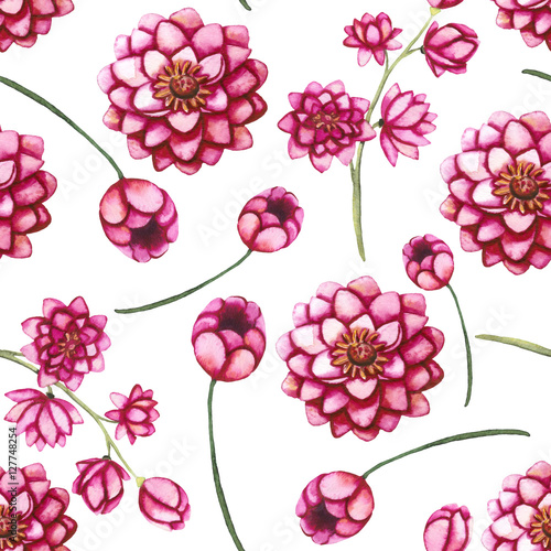 Watercolor Pink Dahlia and Buds Seamless Floral Pattern