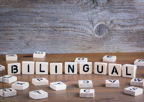 Bilingual from wooden letterson on wooden background