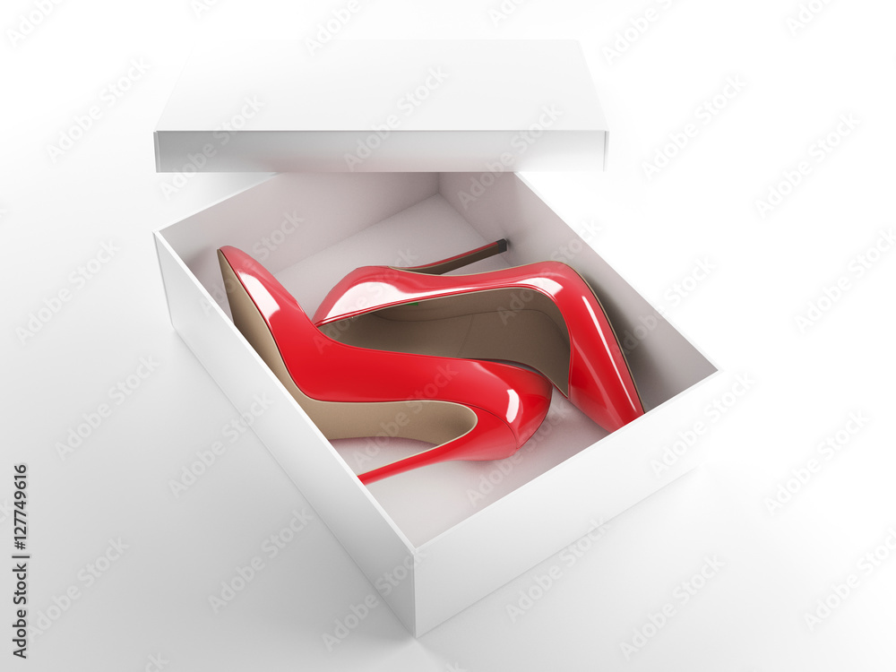Illustrazione Stock Scarpe rosse con tacco nella scatola shopping on-line
