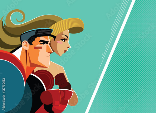 Superheroes man and woman together confront the threat