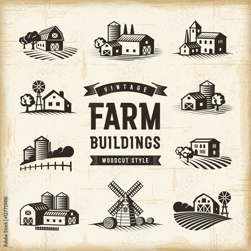 Vintage Farm Buildings Set