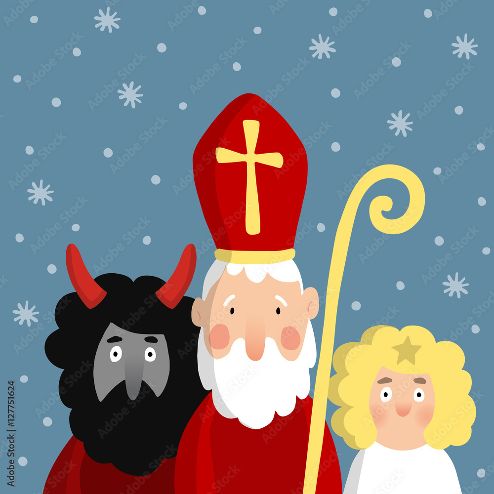 Cute Saint Nicholas with devil, angel and falling snow. Christmas invitation card, vector illustration. Cute Saint Nicholas with devil, angel and falling snow. Christmas invitation card, vector illustration.