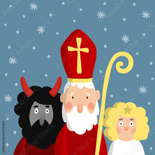 Cute Saint Nicholas with devil, angel and falling snow. Christmas invitation card, vector illustration.