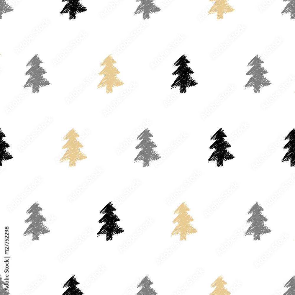 Vector hand drawn Christmas tree, fir seamless pattern in ethnic Vector hand drawn Christmas tree, fir seamless pattern in ethnic