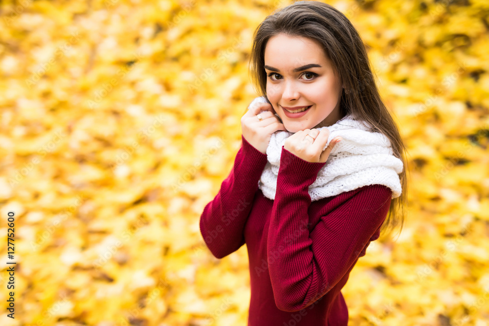 Beauty girl outdoors in autumn forest with yellow leaves from above Beauty girl outdoors in autumn forest with yellow leaves from above