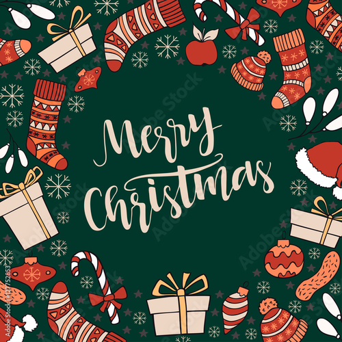 Merry Christmas greeting card with hand drawn lettering and wint