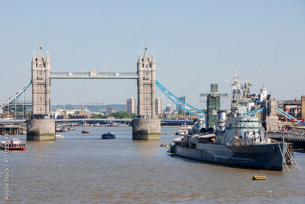 Tower Bridge and HMS Belfast London, England