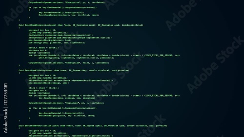 Showing a flow of source code text (instructions for a computer program) on a PC screen. Green characters, black background.
