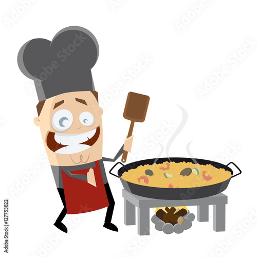 happy chef cooking Spanish paella