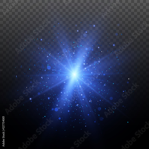 Light effect. Star burst with sparkles. Blue glitter texture.