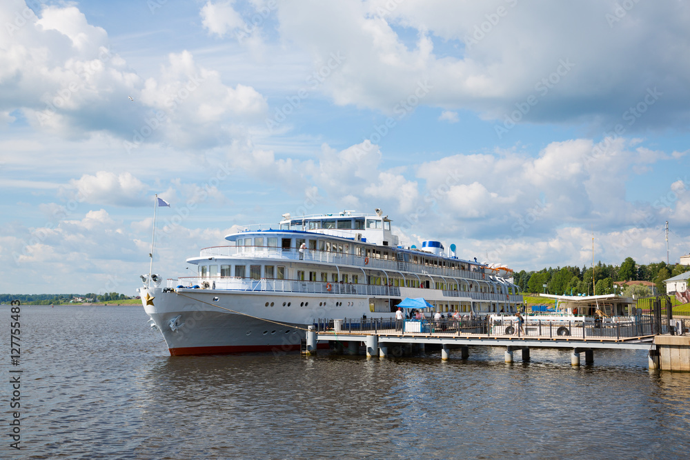 Passenger ship stands near the town of Uglich, Russia