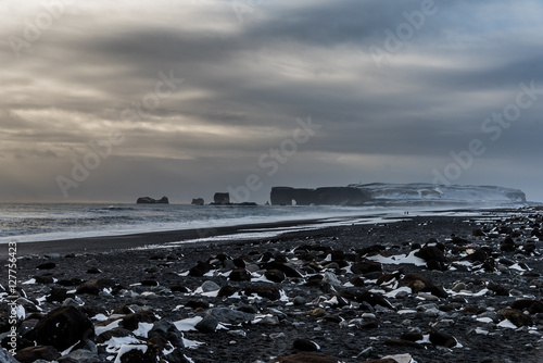 View of Dyrholaey from black sand beach, Vik, Iceland