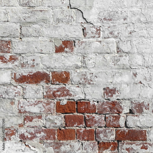 Red Brick Wall With Shabby White Plaster Rectangular Background