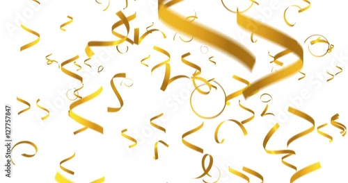 Animation of golden yellow falling spiral confetti on white background (alpha channel included). 4k