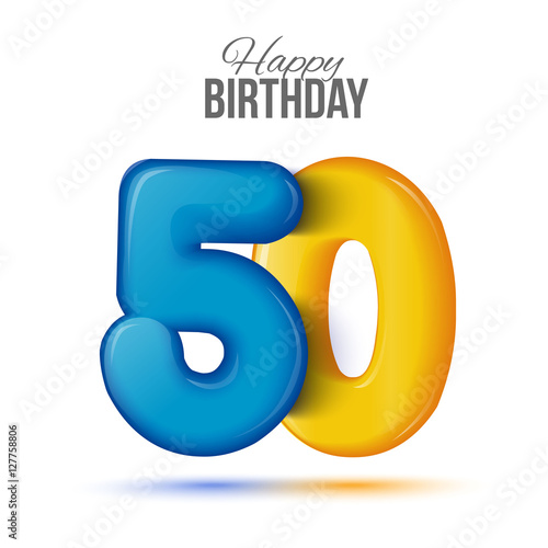 fifty birthday greeting card template with 3d shiny number forty nine balloon on white background. Birthday party greeting, invitation card, banner with number 50 shaped balloon photo