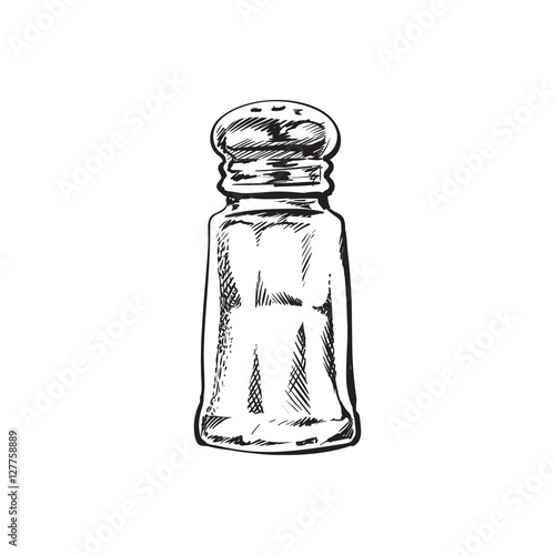Hand drawn salt mill, shaker, grinder, sketch style vector illustration isolated on white background. Drawing black and white of salt grinder, shaker or mill, side view, colorful illustration