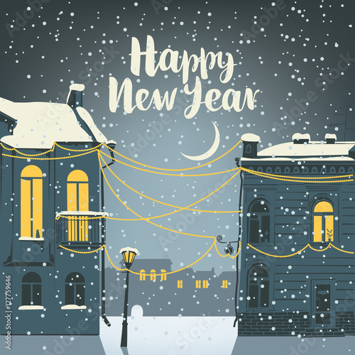 Christmas card with a winter cityscape with old town