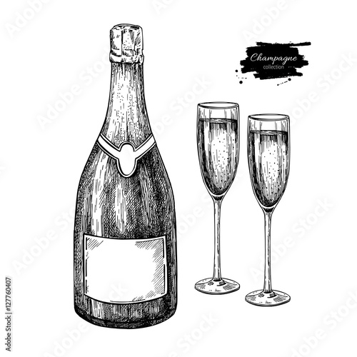 Champagne bottle and glass. Hand drawn isolated vector illustrat