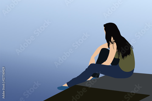 Young woman sitting on lake shore and thinking about future, vec