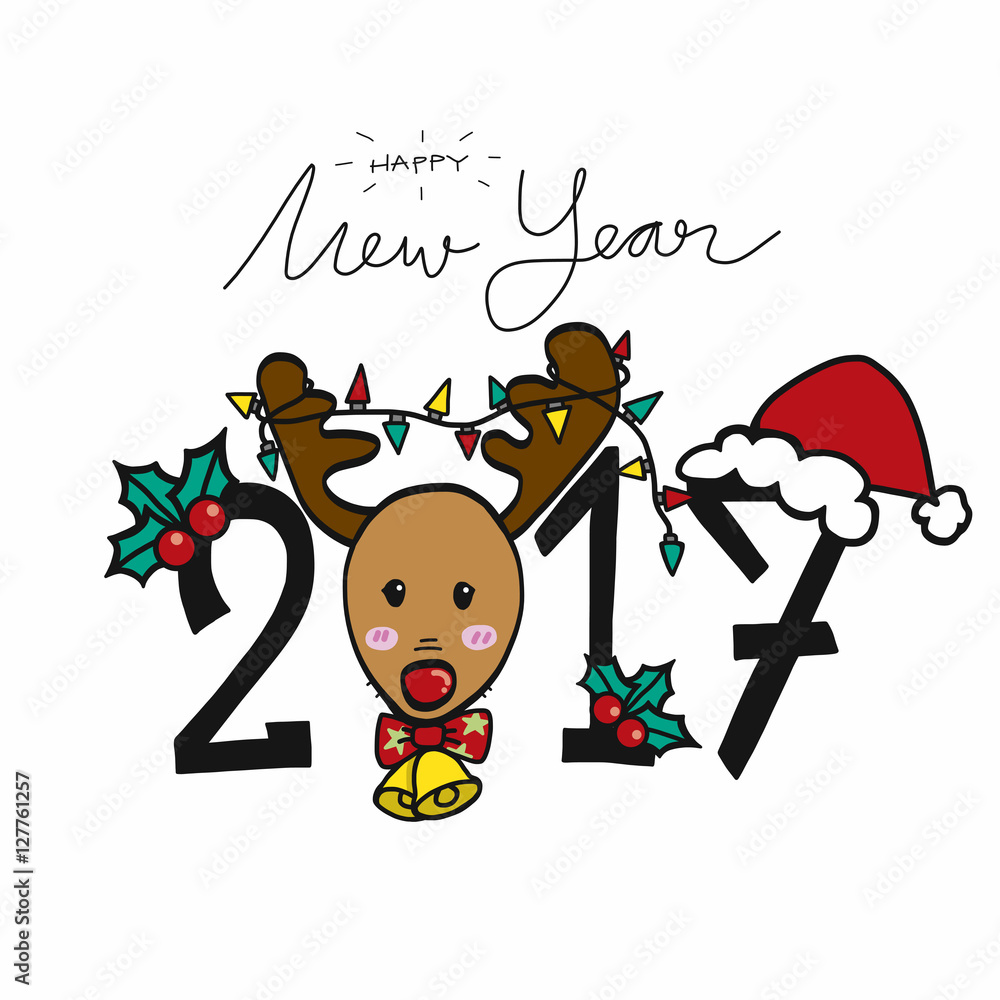 Happy new year 2017 font ,reindeer and santa hat cartoon illustration