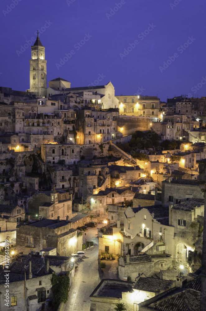 Matera, high definition view of Sasso Barisano at twilight