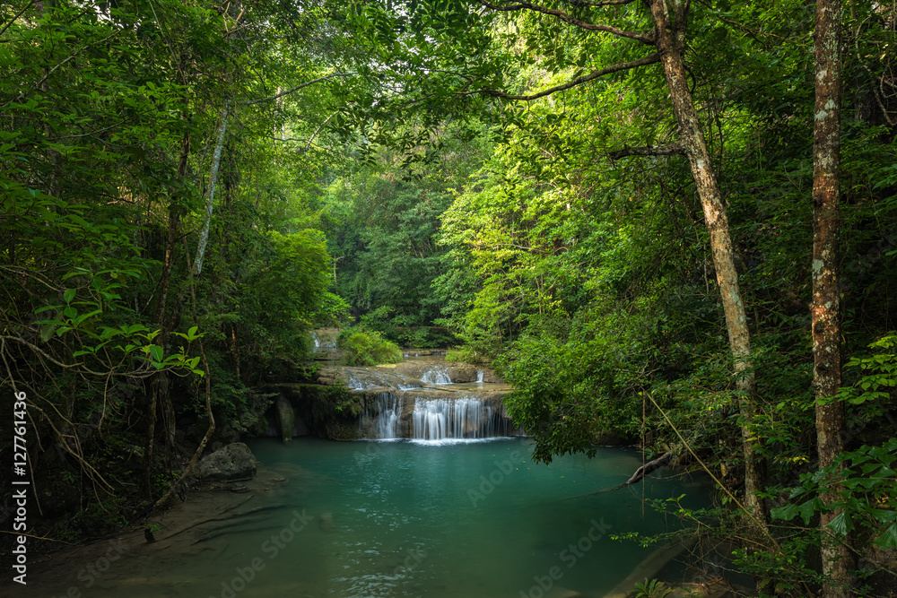 Beautiful waterfall in deep jungle, Erawan's waterfall, Located Kanchanaburi Province, Thailand