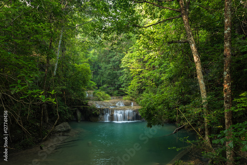 Fototapeta Naklejka Na Ścianę i Meble -  Beautiful waterfall in deep jungle, Erawan's waterfall, Located Kanchanaburi Province, Thailand