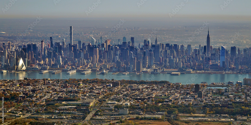 Aerial view of the Manhattan skyline in New York City seen from an airplane in approach for landing at Newark Liberty International Airport (EWR)