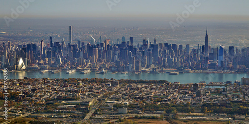 Aerial view of the Manhattan skyline in New York City seen from an airplane in approach for landing at Newark Liberty International Airport (EWR) photo