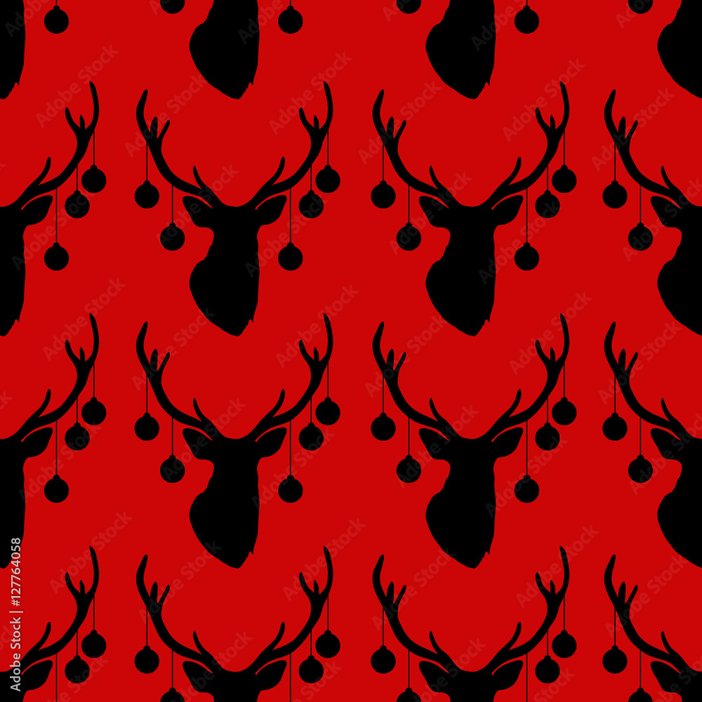 Seamless pattern with silhouette of deer head christmas tree toys on horns red background. Seamless pattern with silhouette of deer head christmas tree toys on horns red background.