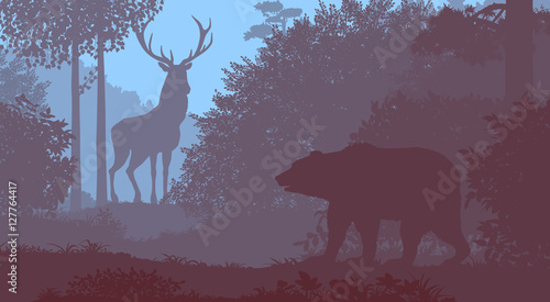 Bear and deer in the forest. Vector two-color illustration.