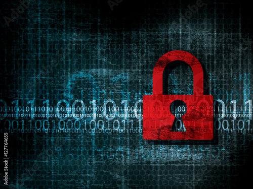 Dados de rede vulneráveis de segurança. Background with program code protected by padlock.
