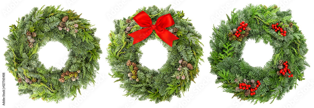 Christmas wreath pine spruce twigs cones berries ribbon bow Christmas wreath pine spruce twigs cones berries ribbon bow