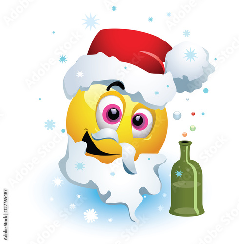 Smiley dressed as drunk Santa Claus. Humorous illustration. Smiley celebrating. Smiley being cheerful and having fun at the party. 