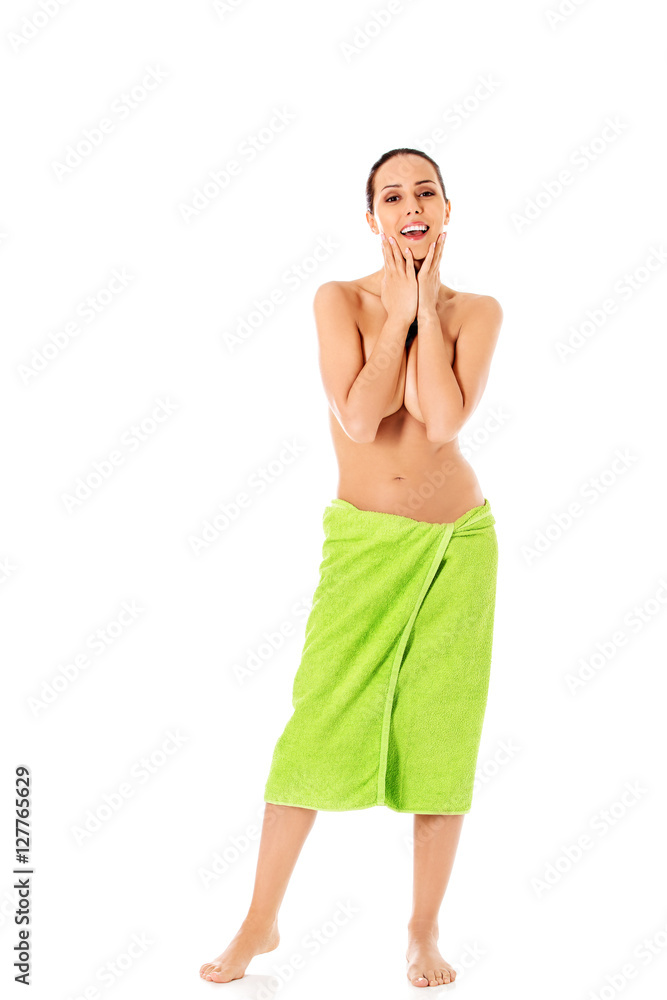 Obraz premium Young beautiful woman after bath full portrait isolated over white.