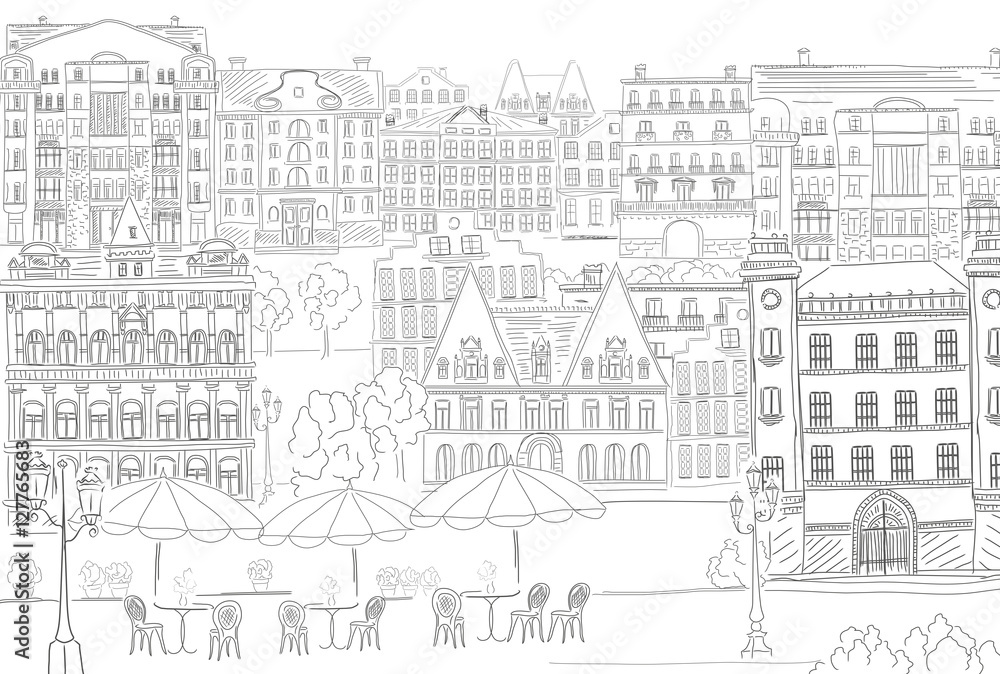Historic old buildings line style. Outline old city life building. Architectural sketch.