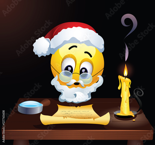 Smiley as Santa Clause reading letters from children. Santa Clause fulfills children’s wishes. Vector illustration.