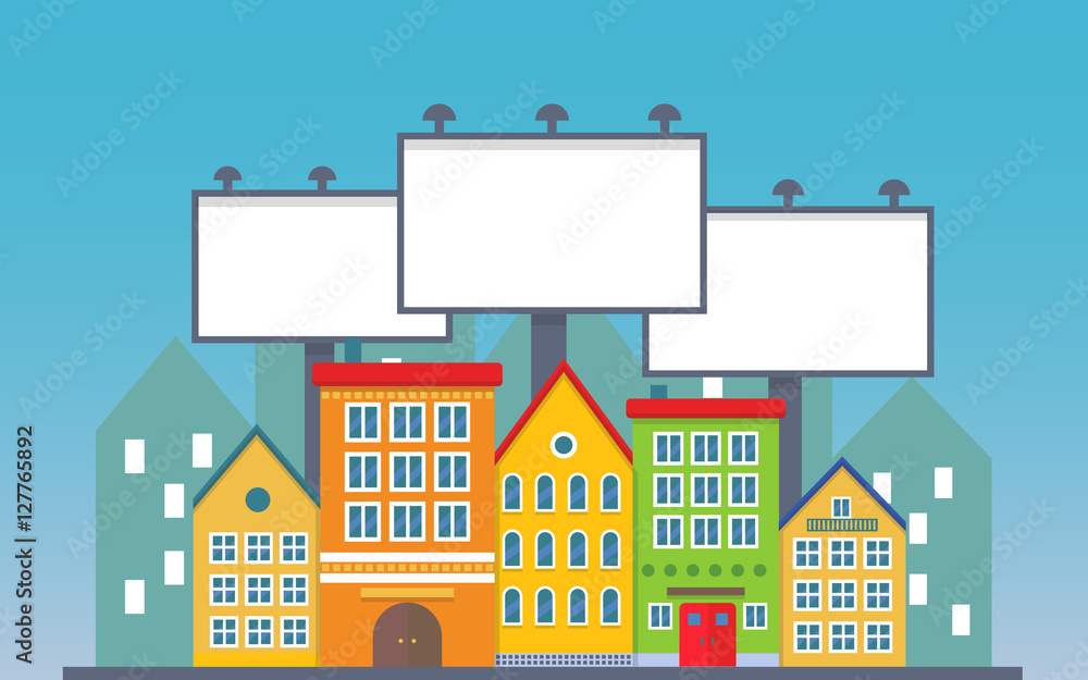 Big three blank urban billboard together over small city town street buildings. Cartoon Billboard advertisement commercial blank.