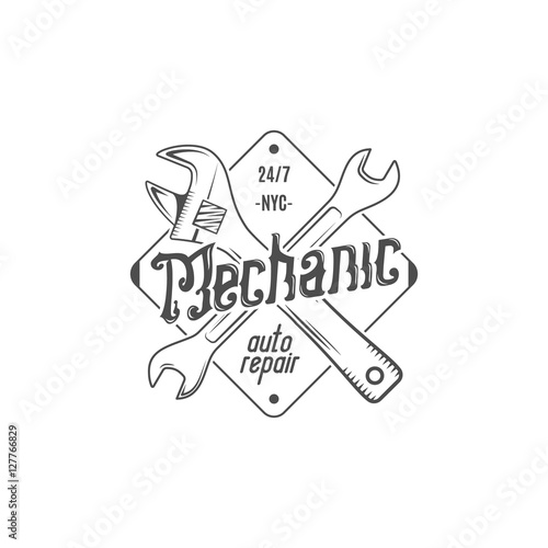 Vintage label design. Mechanic auto repair patch in old style with tools. Use for  station, car service logo, badge, insignia. Retro monochrome . Vector stamp.