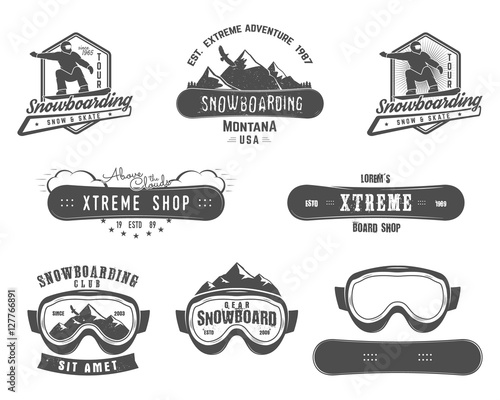 Set of Snowboarding extreme logo and label templates. Winter snowboard sport store badge. Emblem and icon. Mountain adventure insignia, patch. vintage monochrome style. Retro design
