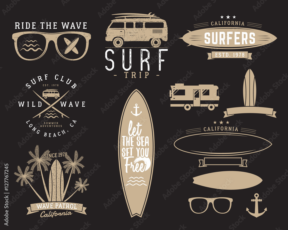 Set of Vintage Surfing Graphics and Emblems for web design or print. Surfer,  beach style logo design. Surf Badge. Surfboard seal, elements, symbols.  Summer insignias. hipster colors. Stock Illustration