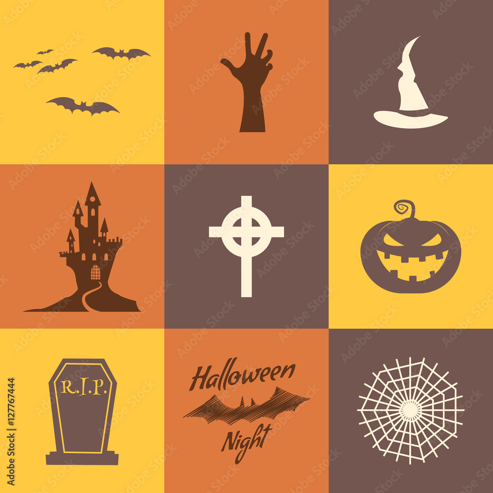 Set of halloween icons isolate on multicolor backgrounds. Flat design. Holiday party symbols - pumpkin, bat, witches hat, zombie hand, vampire house, lonely tree and other. Use for web, tee, t-shirt