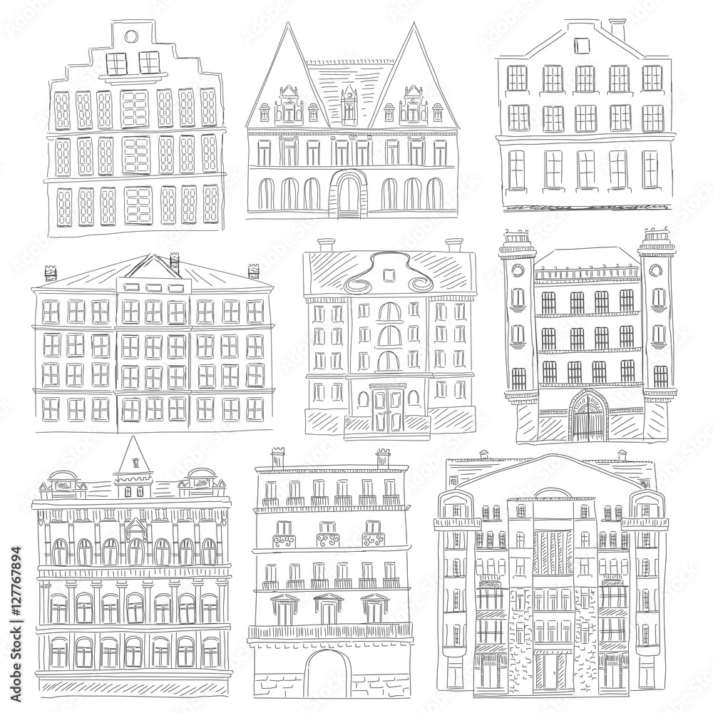 Historic old buildings line style. Outline old city building isolated set. architectural sketch.