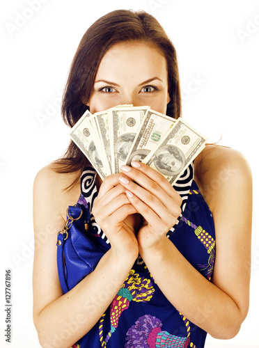 pretty young brunette real modern woman with money cash isolated on white background happy smiling, lifestyle people concept
